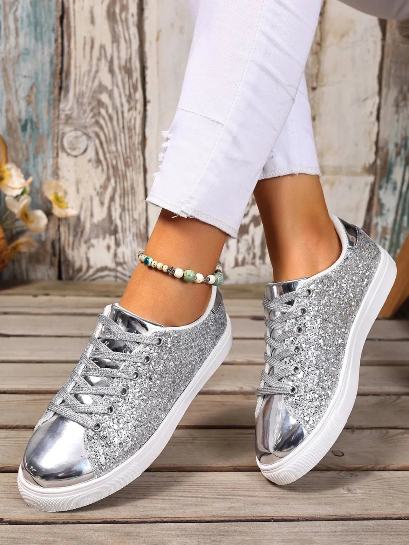 Sequin Lace Up Sneakers - Fashorio