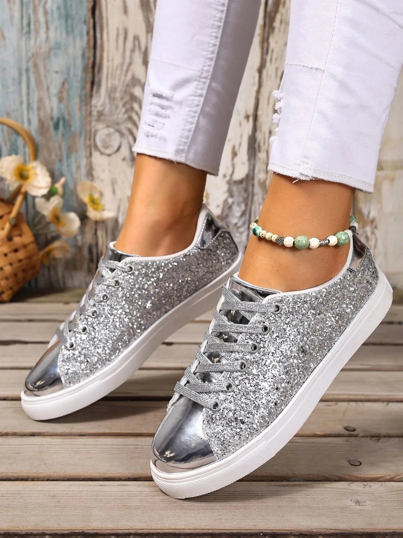 Sequin Lace Up Sneakers - Fashorio