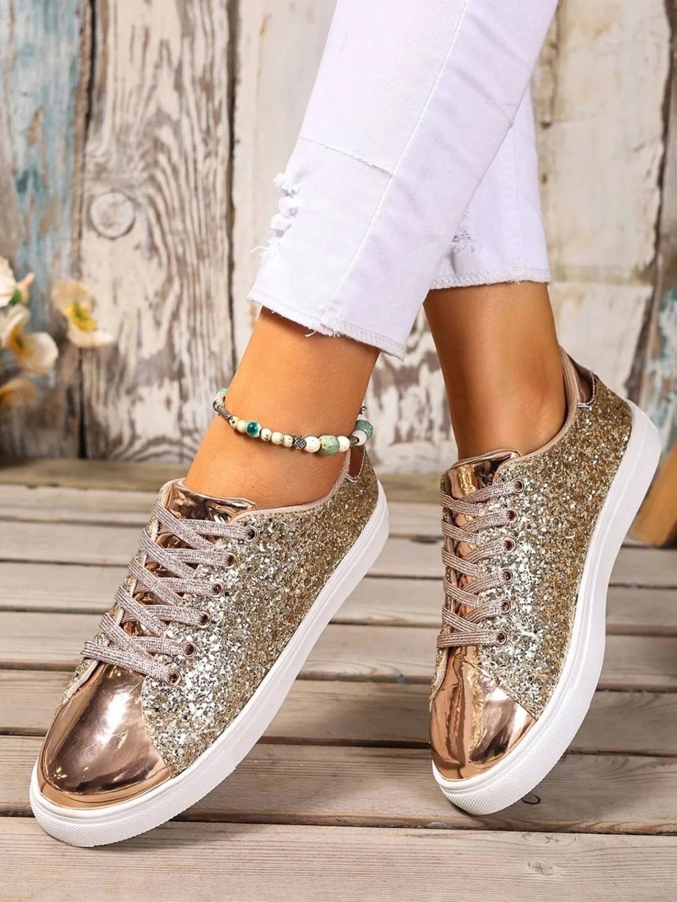 Sequin Lace Up Sneakers - Fashorio