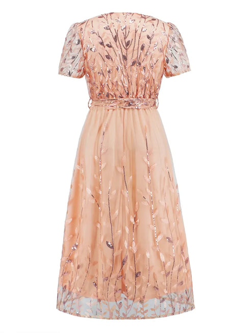 Fashorio Sequin Leaf Embroidery Tie Front Short Sleeve Dress