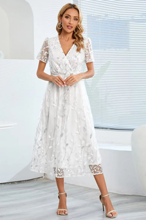 Fashorio Sequin Leaf Embroidery Tie Front Short Sleeve Dress