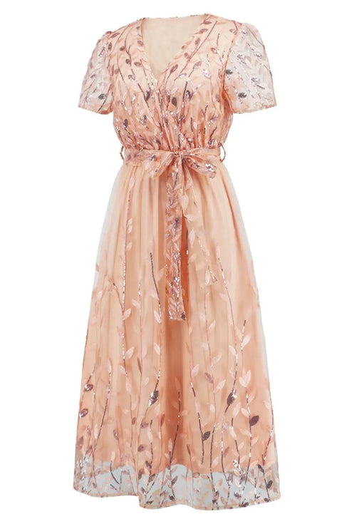 Fashorio Sequin Leaf Embroidery Tie Front Short Sleeve Dress