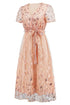 Fashorio Sequin Leaf Embroidery Tie Front Short Sleeve Dress