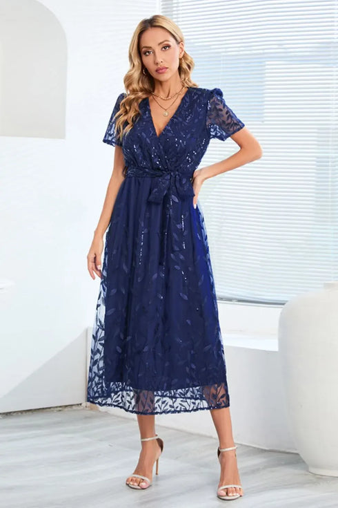 Fashorio Sequin Leaf Embroidery Tie Front Short Sleeve Dress