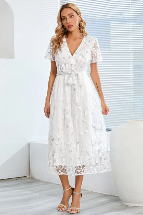 Fashorio Sequin Leaf Embroidery Tie Front Short Sleeve Dress