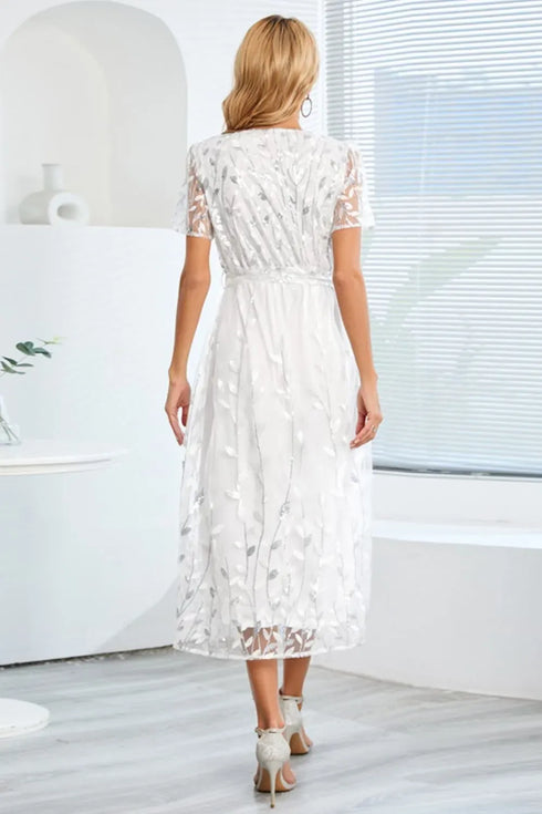 Fashorio Sequin Leaf Embroidery Tie Front Short Sleeve Dress