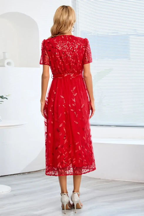 Fashorio Sequin Leaf Embroidery Tie Front Short Sleeve Dress