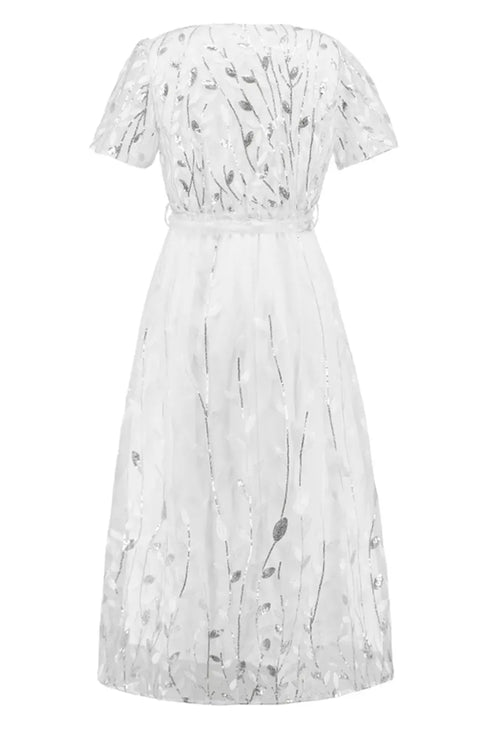 Fashorio Sequin Leaf Embroidery Tie Front Short Sleeve Dress
