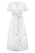 Fashorio Sequin Leaf Embroidery Tie Front Short Sleeve Dress