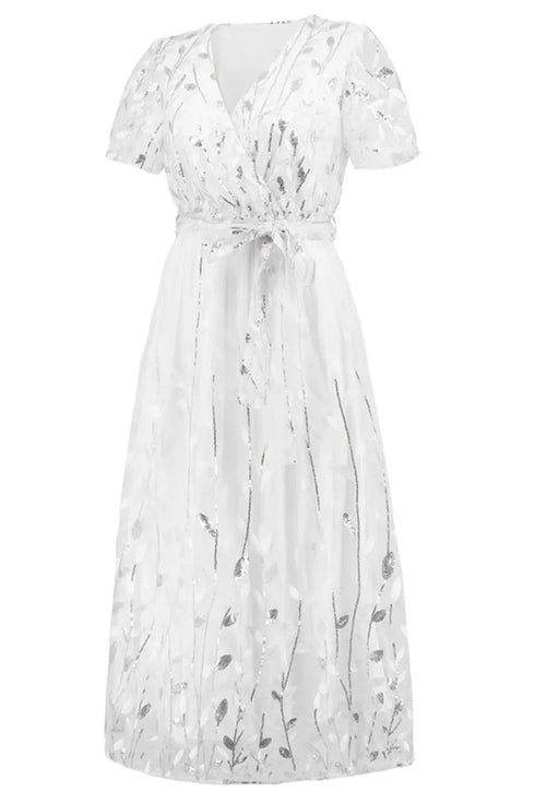 Fashorio Sequin Leaf Embroidery Tie Front Short Sleeve Dress