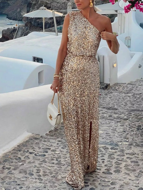 Fashorio Sequin One-Shoulder Slit Maxi Dress