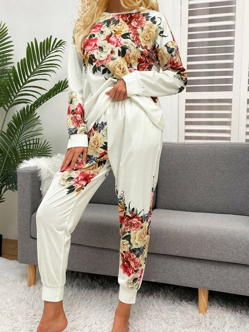 Fashorio Shiny Printed Round Neck Top and Pants Lounge Set