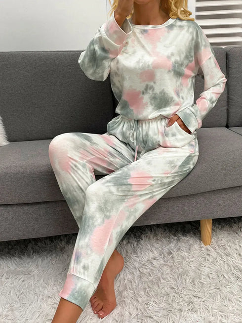 Fashorio Shiny Tie-Dye Round Neck Top and Drawstring Pants Lounge Set