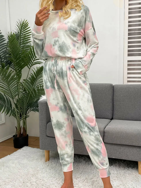 Fashorio Shiny Tie-Dye Round Neck Top and Drawstring Pants Lounge Set