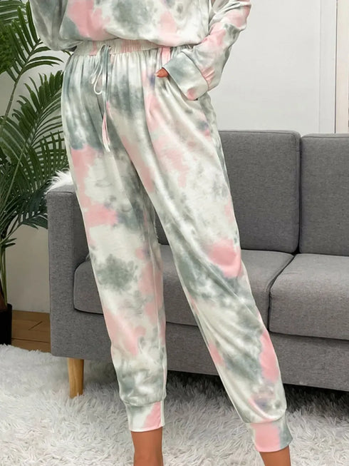 Fashorio Shiny Tie-Dye Round Neck Top and Drawstring Pants Lounge Set