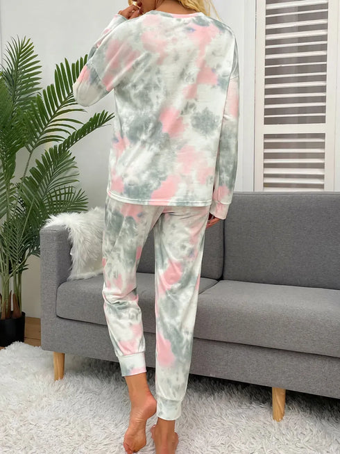 Fashorio Shiny Tie-Dye Round Neck Top and Drawstring Pants Lounge Set