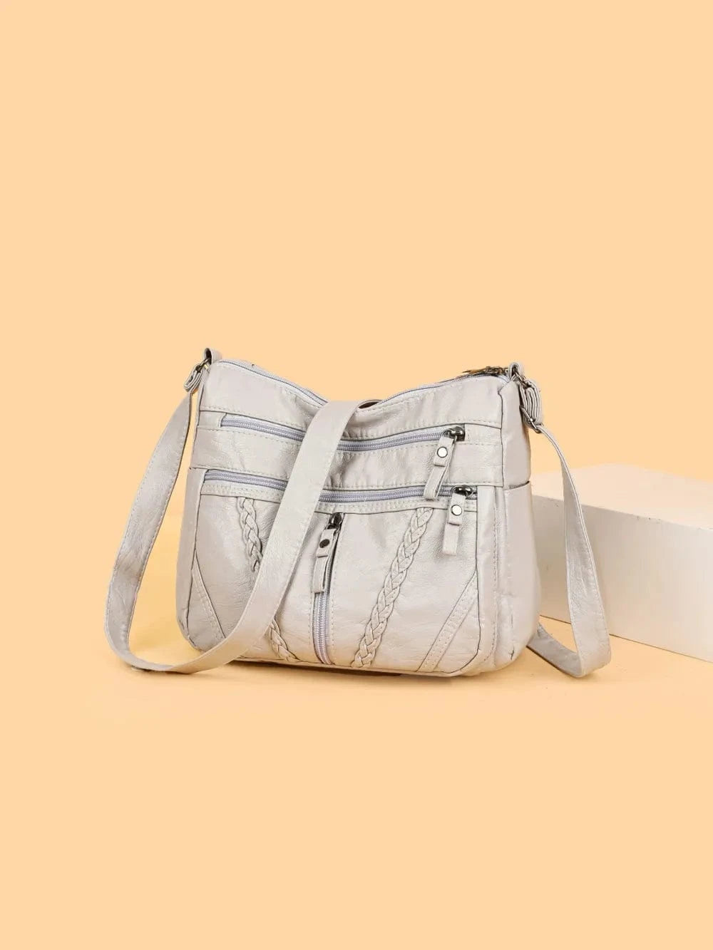 Adjustable Strap PU Leather Shoulder Bag Beige One Size - Fashorio