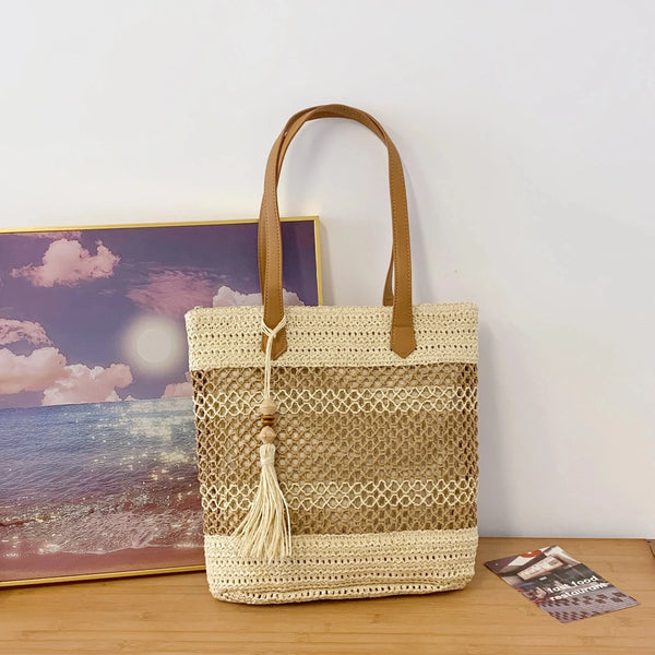 Straw Woven Shoulder Bag with Tassels Beige onesize - Fashorio