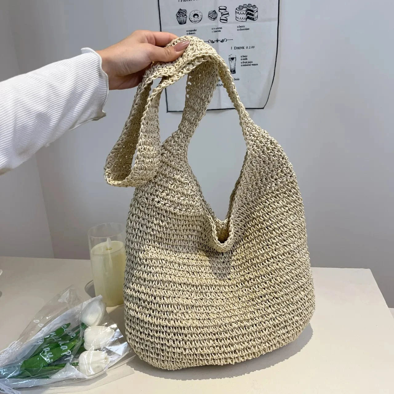 Woven Straw Hobo Shoulder Bag Beige onesize - Fashorio