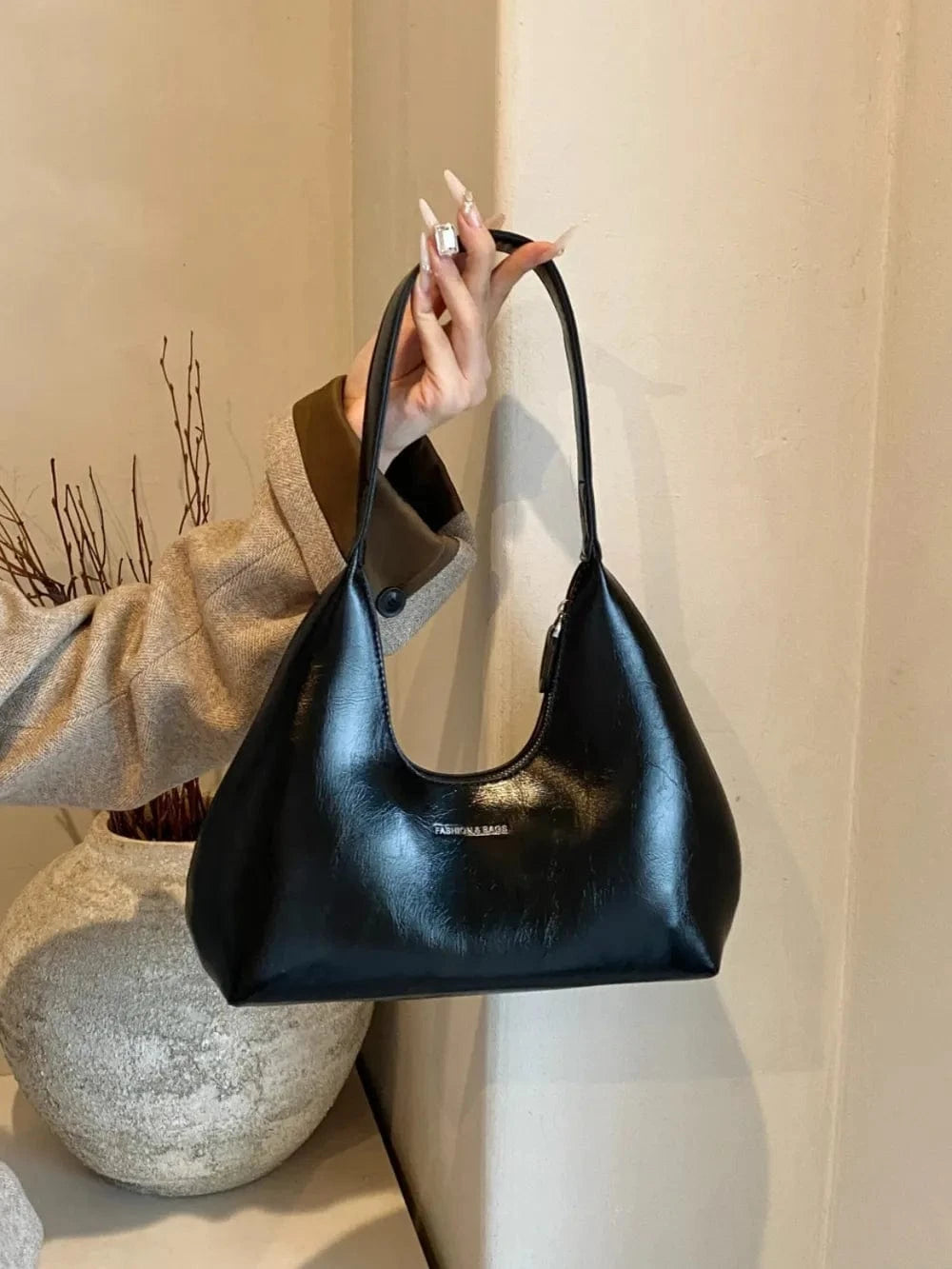 PU Leather Shoulder Bag Black One Size - Fashorio