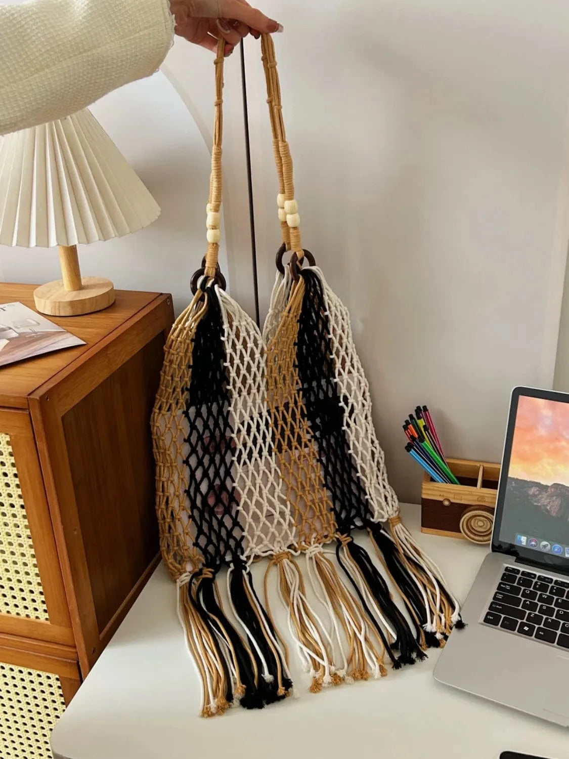 Woven Fringe Shoulder Bag with Wooden Handle Black One Size - Fashorio