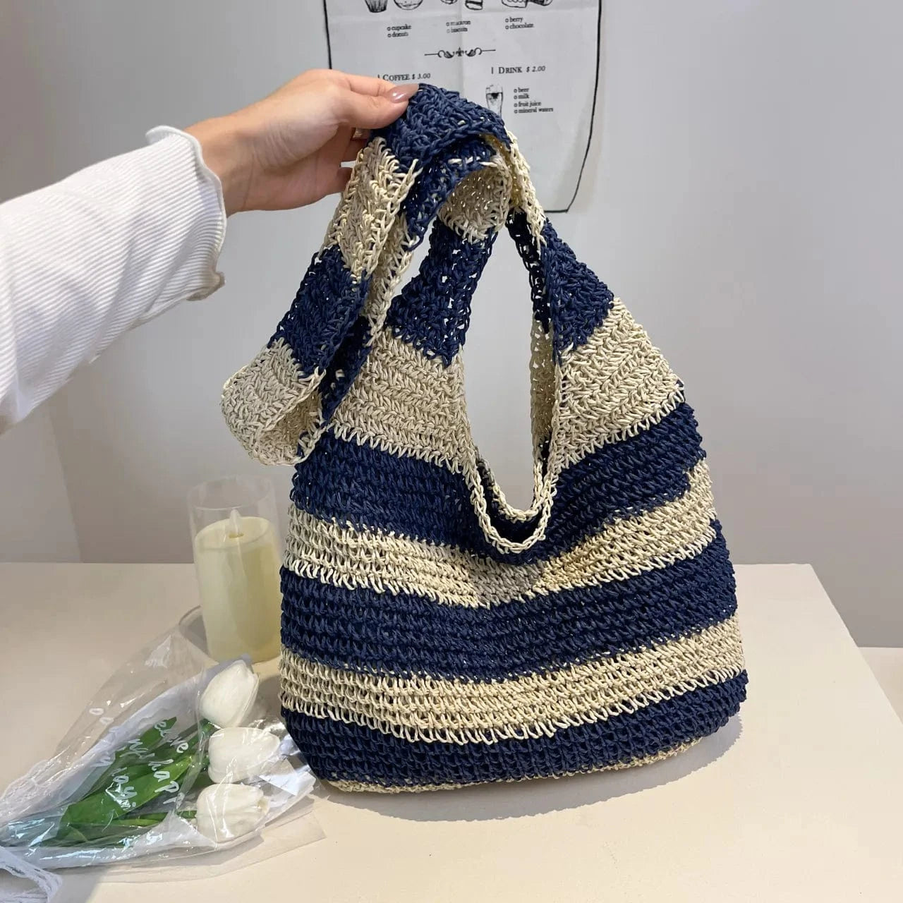 Woven Straw Hobo Shoulder Bag Blue onesize - Fashorio