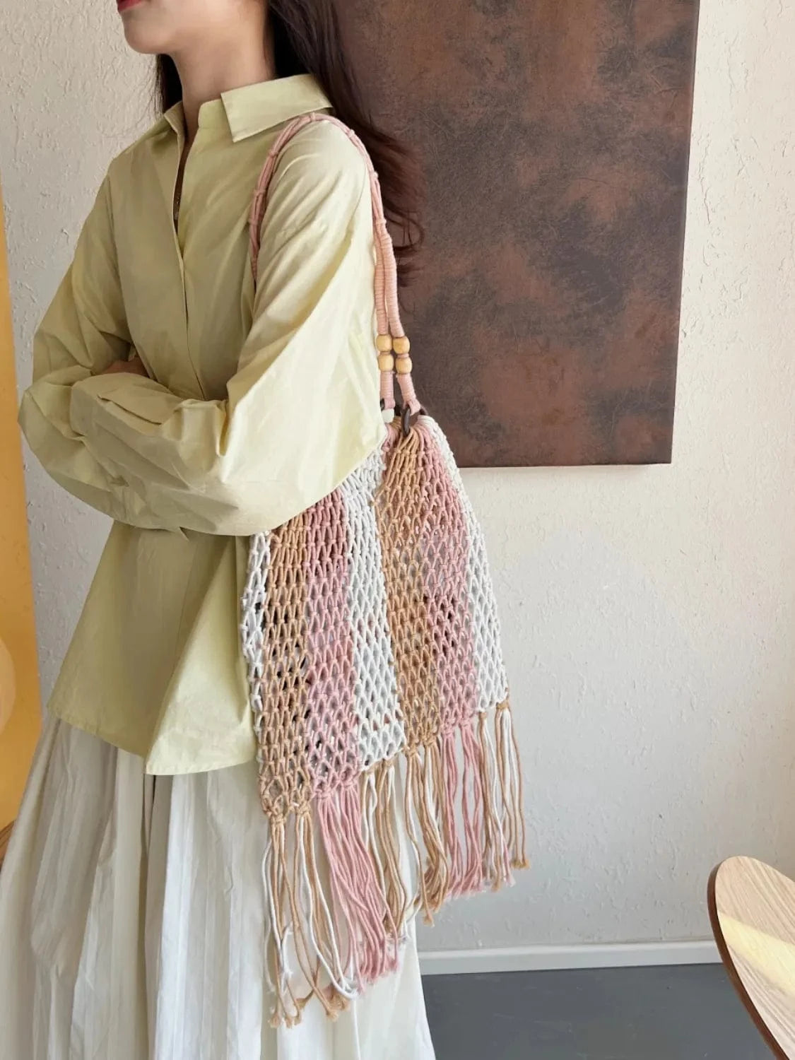 Woven Fringe Shoulder Bag with Wooden Handle Blush Pink One Size - Fashorio