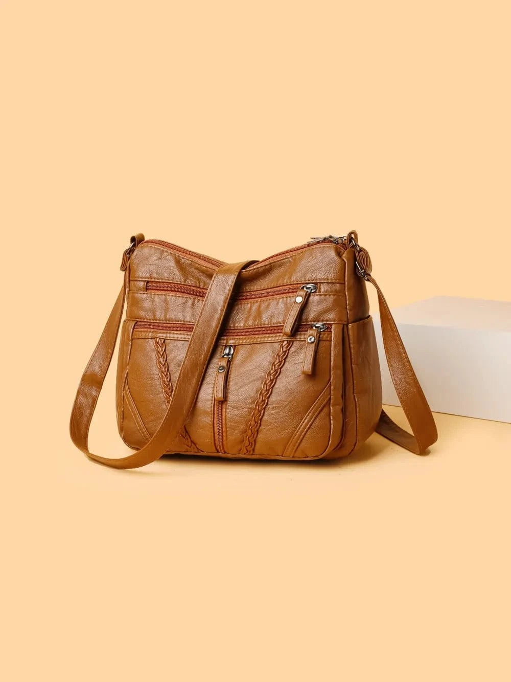 Adjustable Strap PU Leather Shoulder Bag Brown One Size - Fashorio