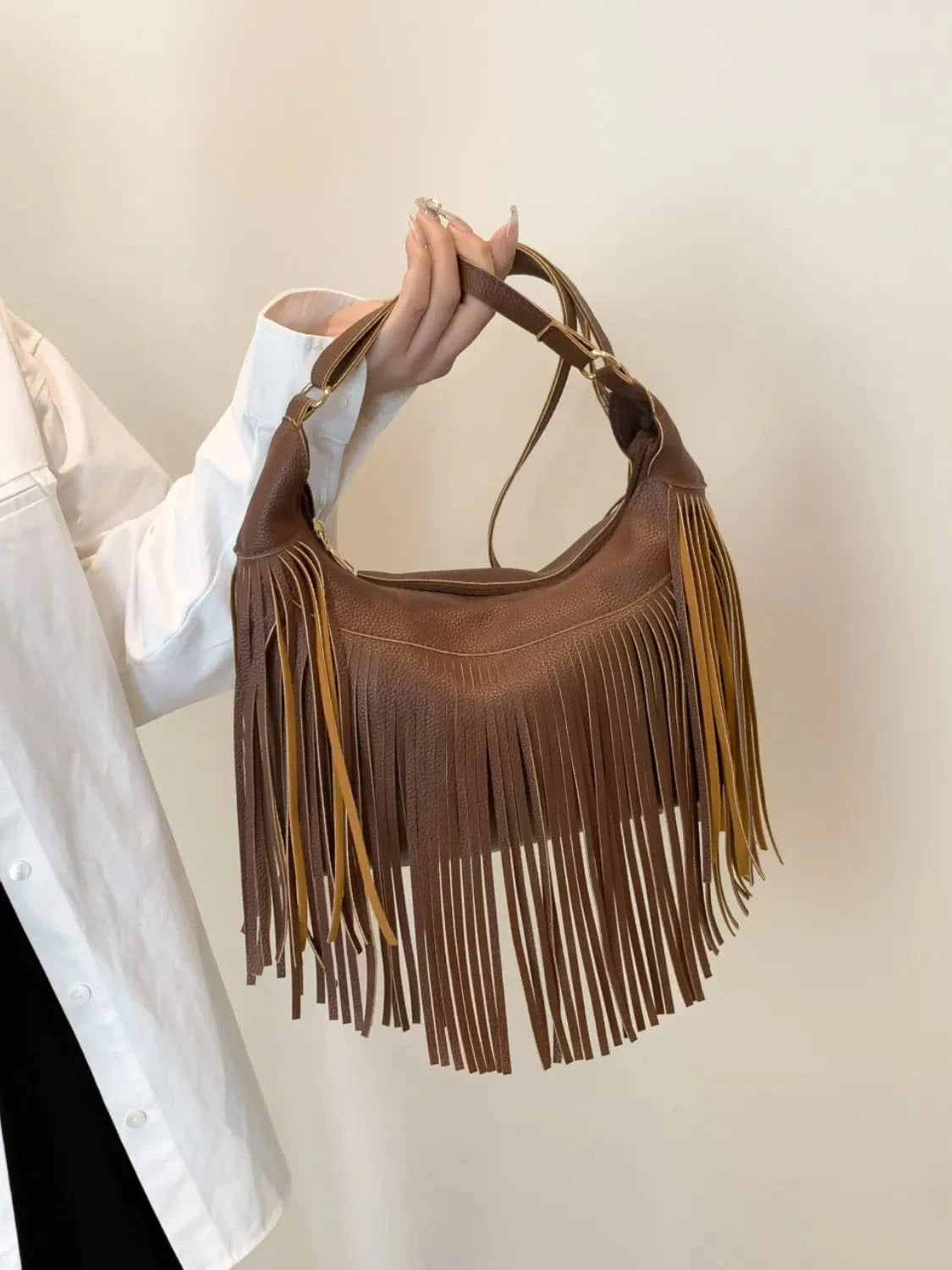 Fringe PU Leather Shoulder Bag Brown One Size - Fashorio