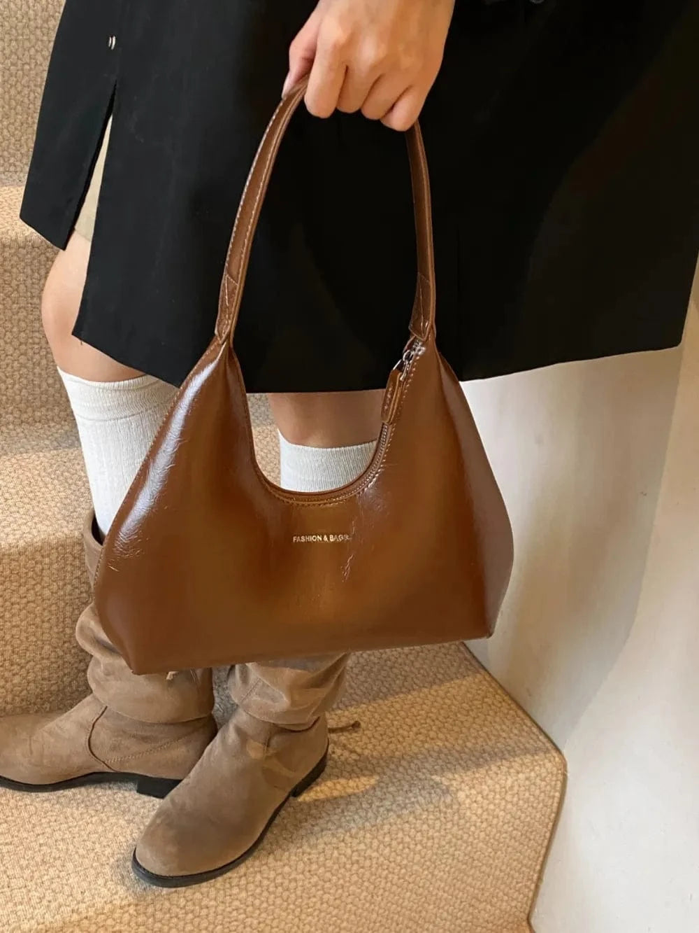 PU Leather Shoulder Bag Caramel One Size - Fashorio