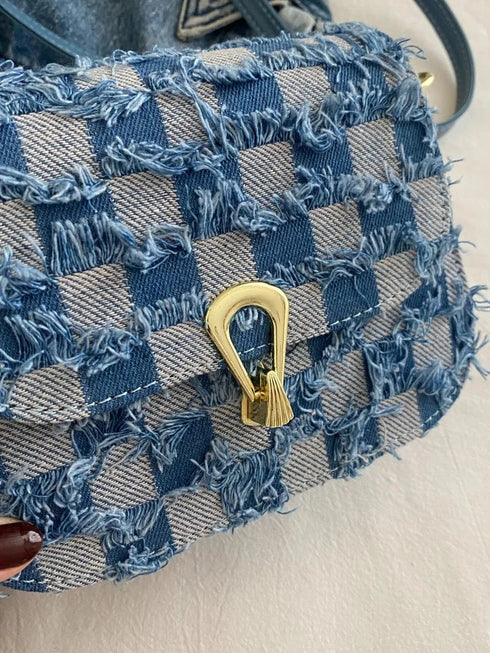 Checkered Raw Hem Adjustable Strap Crossbody Bag - Fashorio