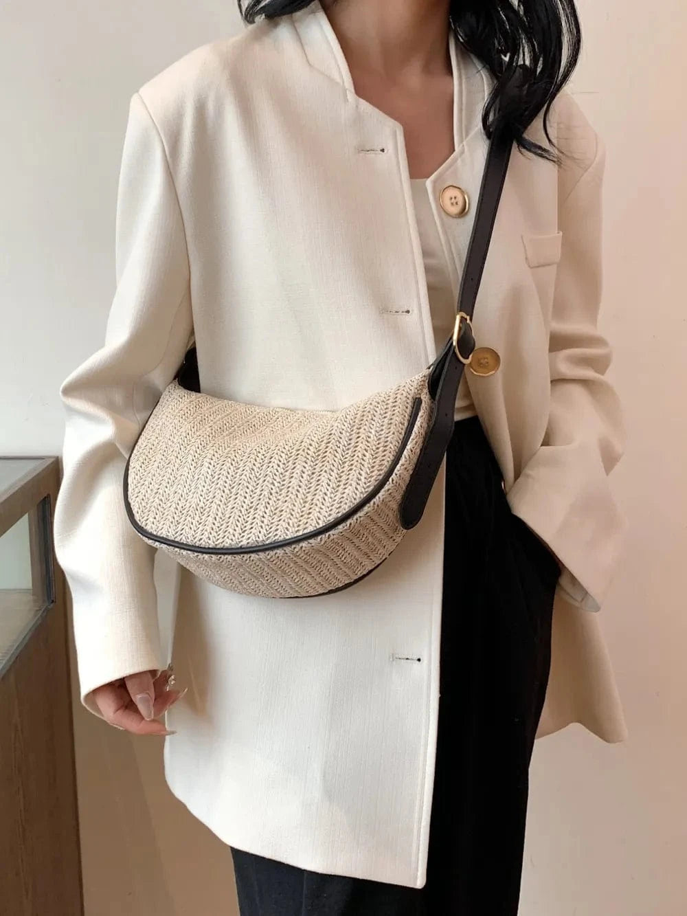 Straw Weave Adjustable Strap Shoulder Bag Ivory One Size - Fashorio