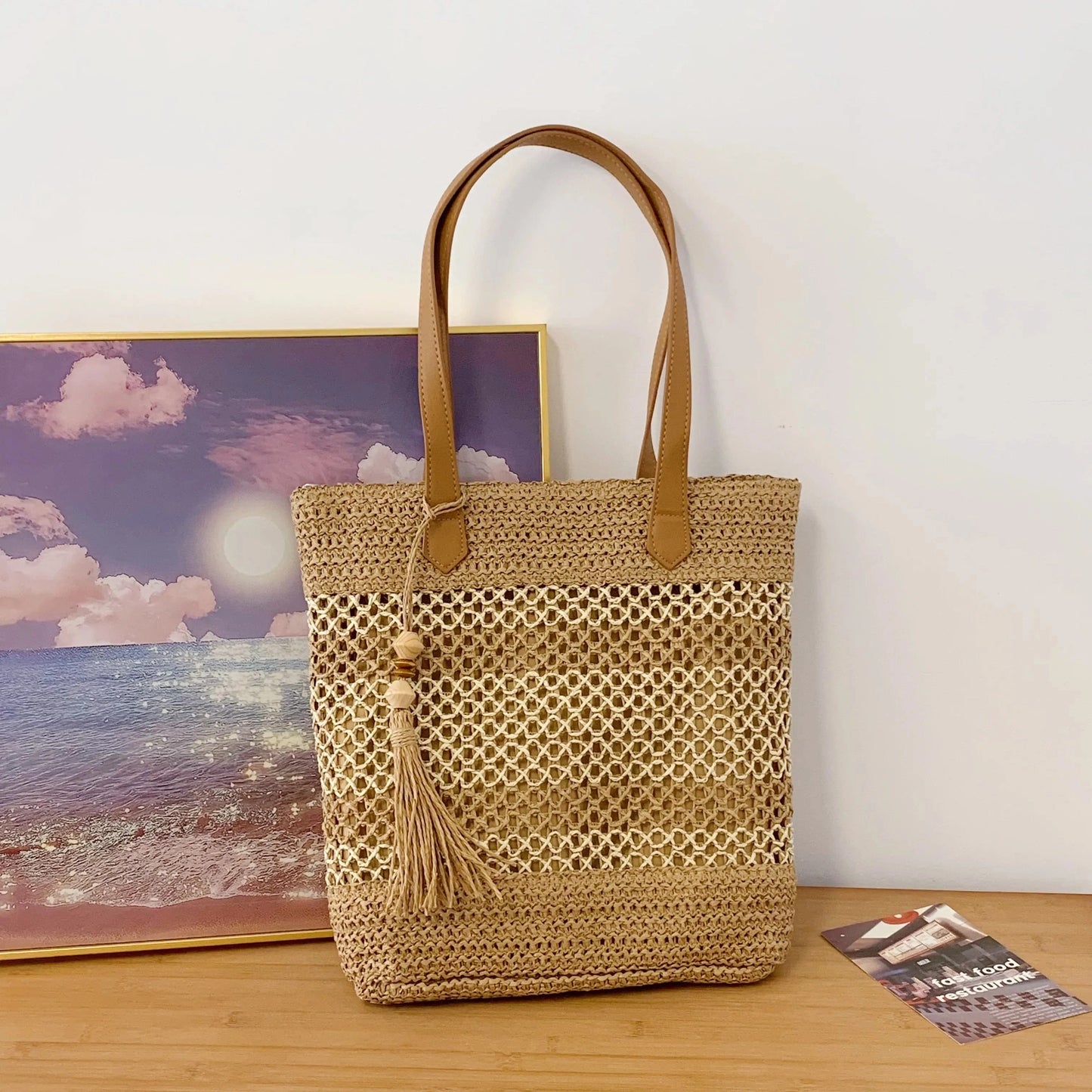 Straw Woven Shoulder Bag with Tassels Khaki onesize - Fashorio