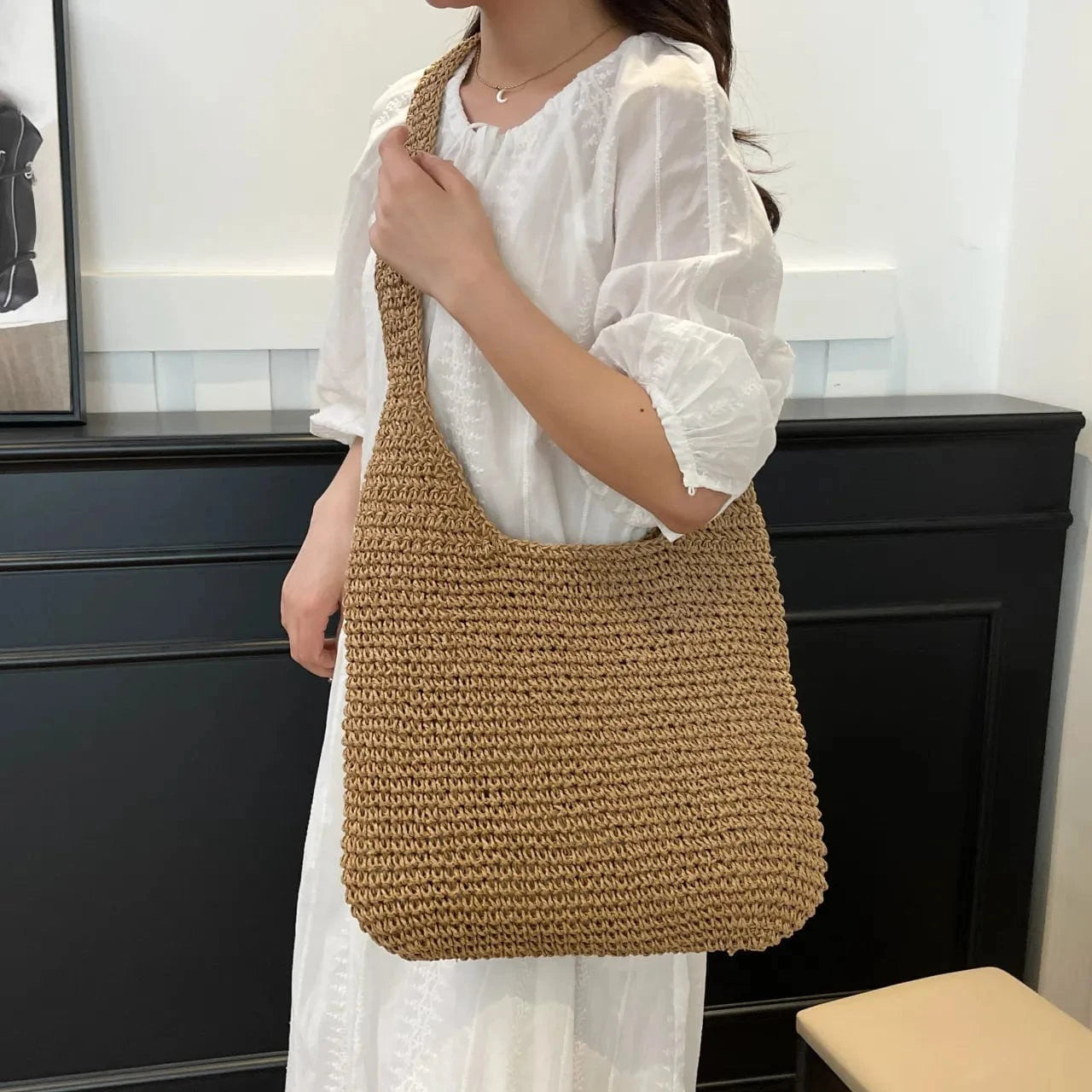 Woven Straw Hobo Shoulder Bag Khaki onesize - Fashorio