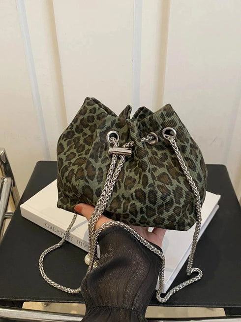 Leopard Chain Bucket Bag Moss One Size - Fashorio