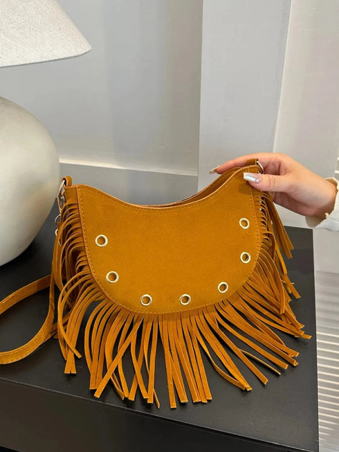 Fringe Solid Color Shoulder Bag Ochre One Size - Fashorio
