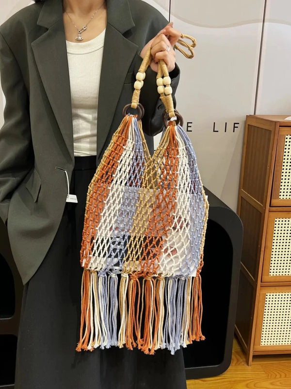 Woven Fringe Shoulder Bag with Wooden Handle Ochre One Size - Fashorio