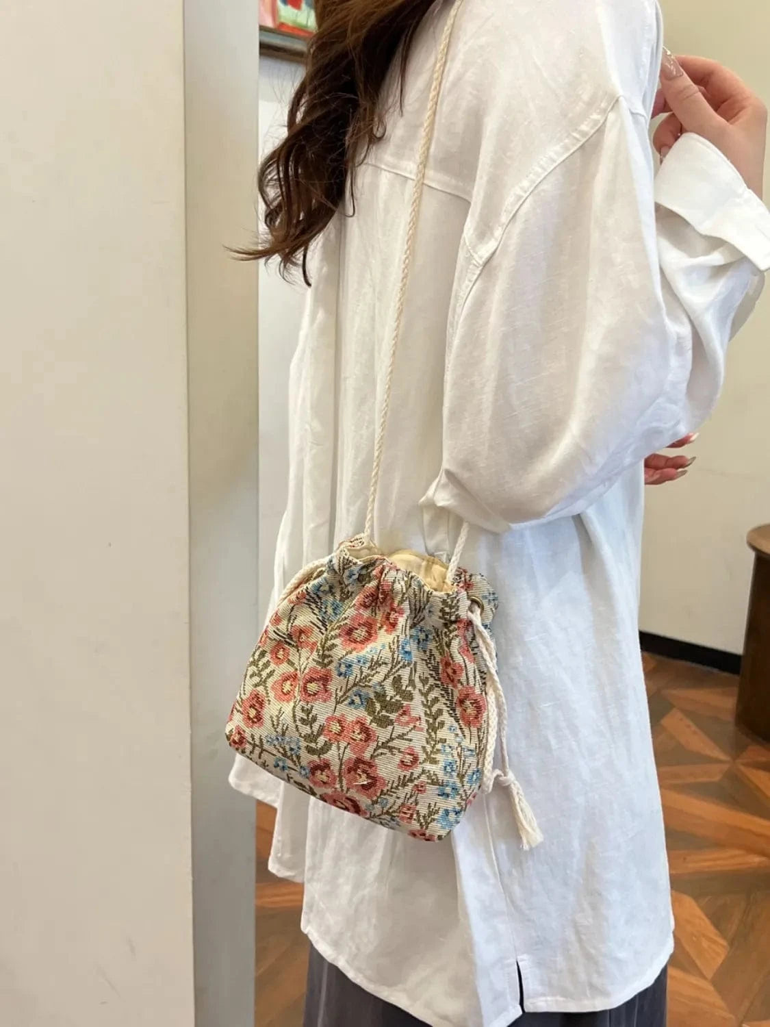 Rope Drawstring Floral Bucket Bag Orange-Red One Size - Fashorio