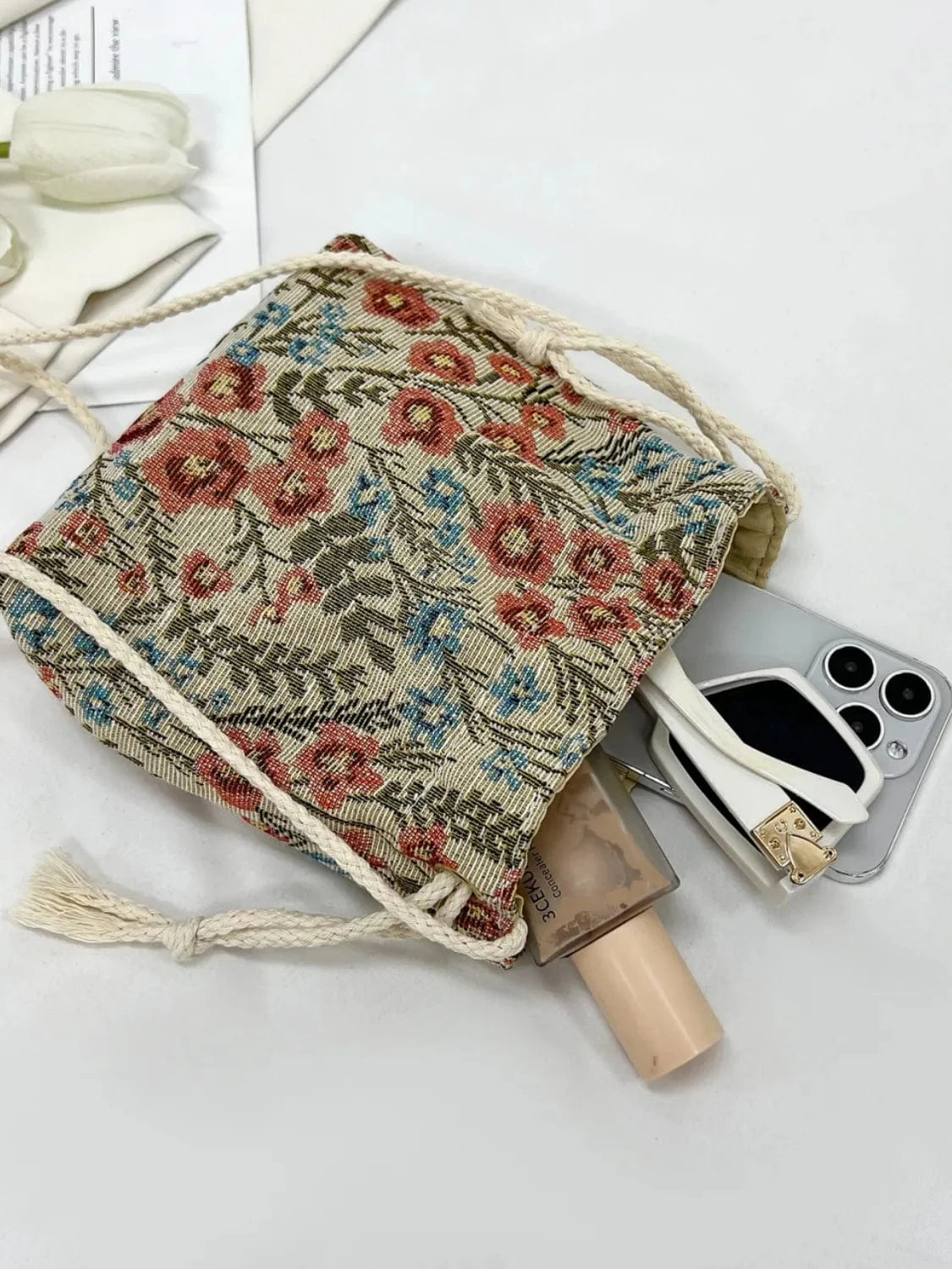 Rope Drawstring Floral Bucket Bag - Fashorio
