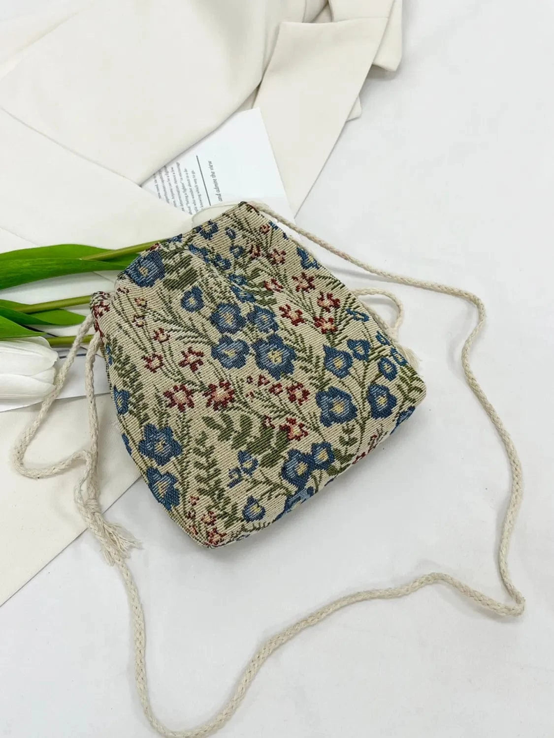 Rope Drawstring Floral Bucket Bag - Fashorio