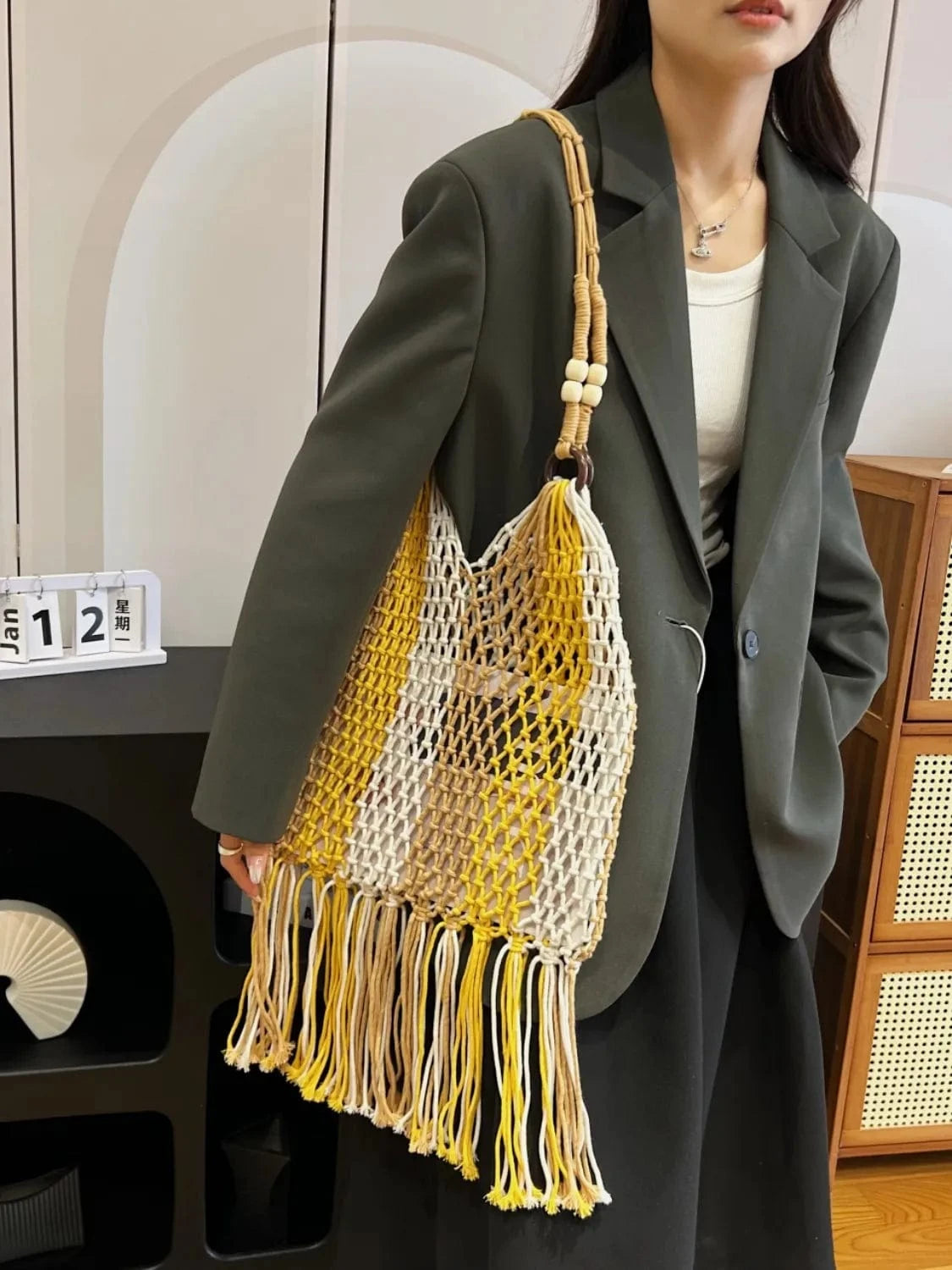 Woven Fringe Shoulder Bag with Wooden Handle Yellow One Size - Fashorio