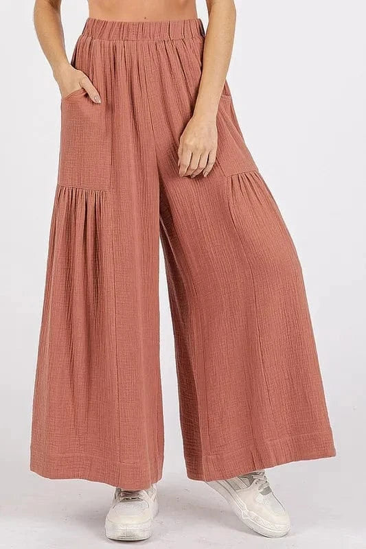 Mittoshop Gauze Elastic Waist Pleated Wide Leg Pants Sienna - Fashorio