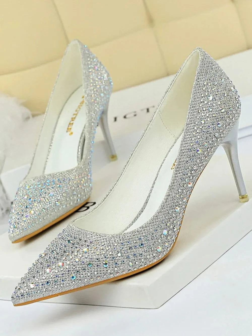 Point Toe Rhinestone Decor Stiletto Pumps Silver - Fashorio