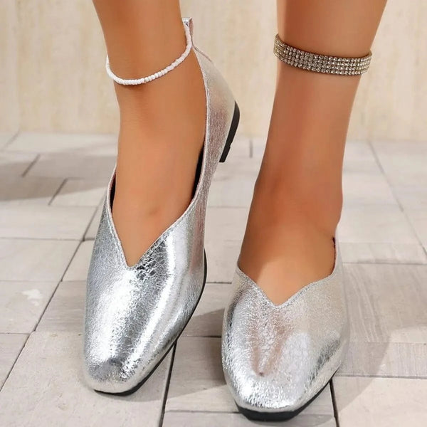 Sparkly Metallic Ballet Flat Loafers Silver - Fashorio