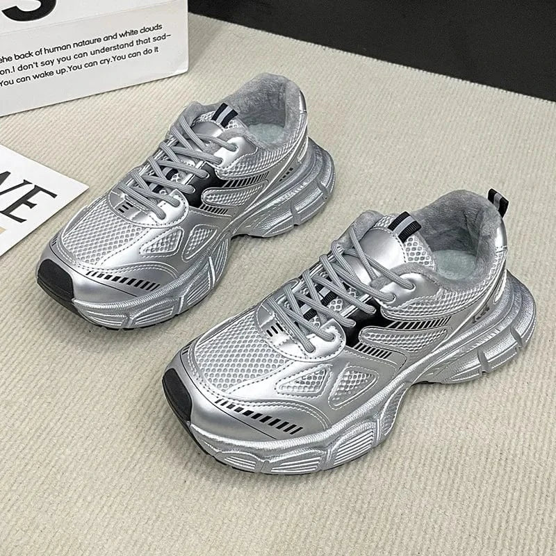 Lace Up Platform Athletic Shoes Silver - Fashorio