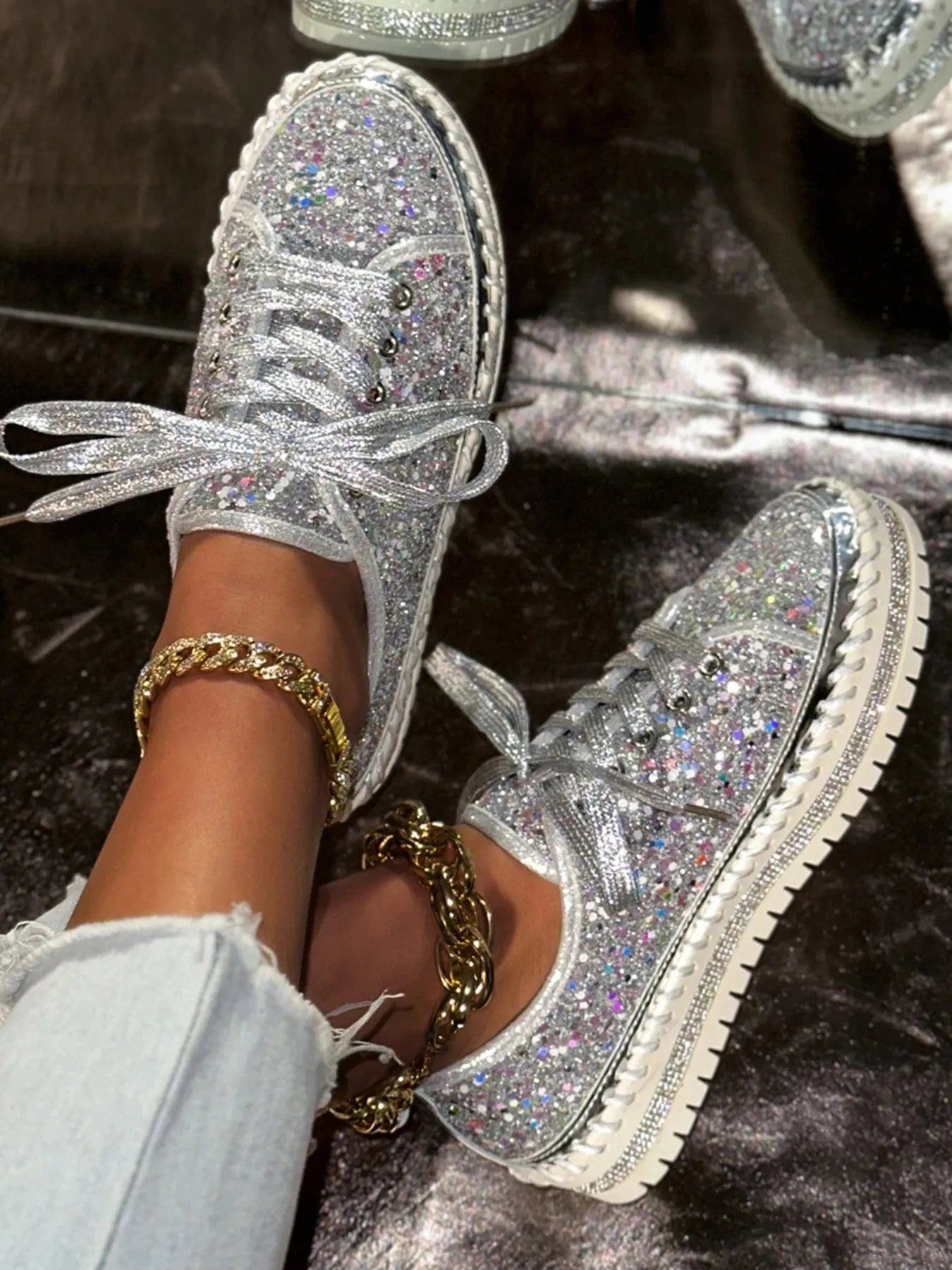 Lace Up Round Toe Platform Sneakers Silver - Fashorio
