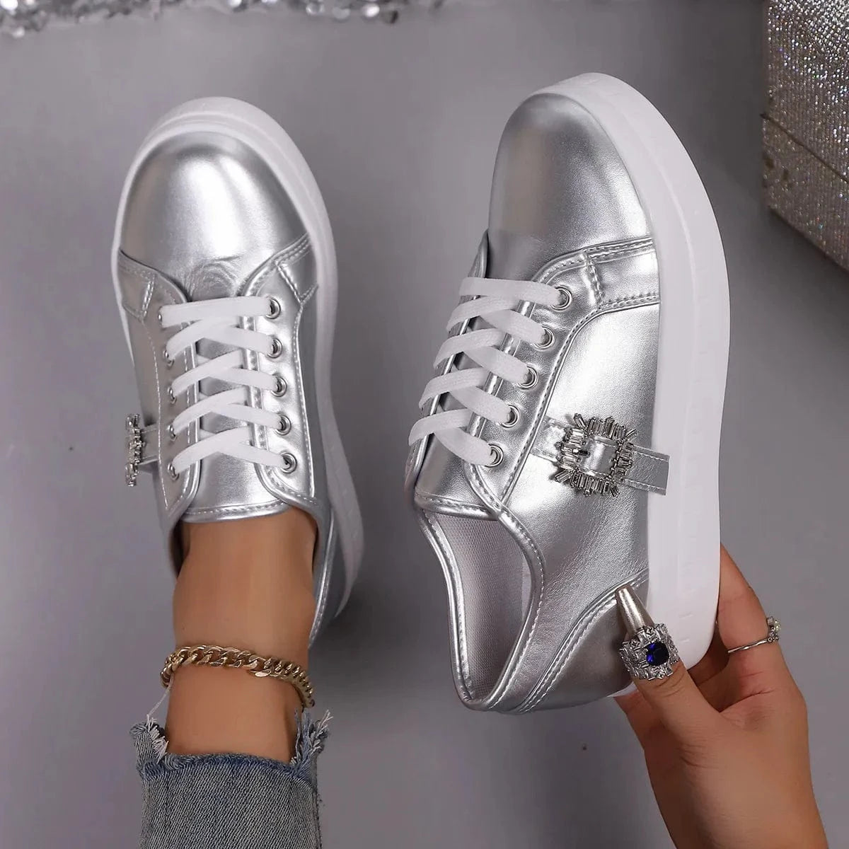 Rhinestone Embellishment Platform Sneakers Silver - Fashorio
