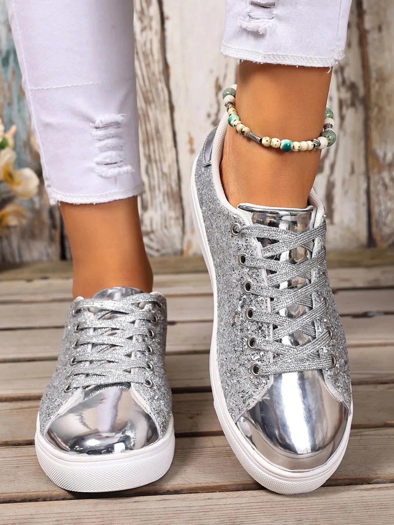 Sequin Lace Up Sneakers Silver - Fashorio