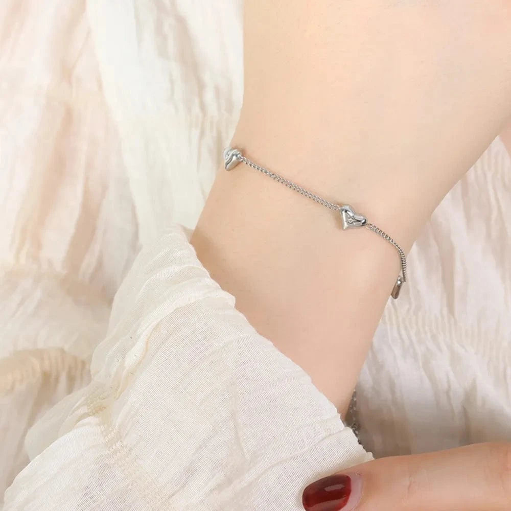 Titanium Steel Zircon Heart Bracelet Silver One Size - Fashorio