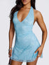 Fashorio Sky Blue / S Floral Lace Halter Deep V-Neck Bodycon Dress